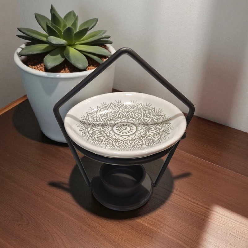 Hornito Plato Blanco con Mandala Base Metal Gris 13cn