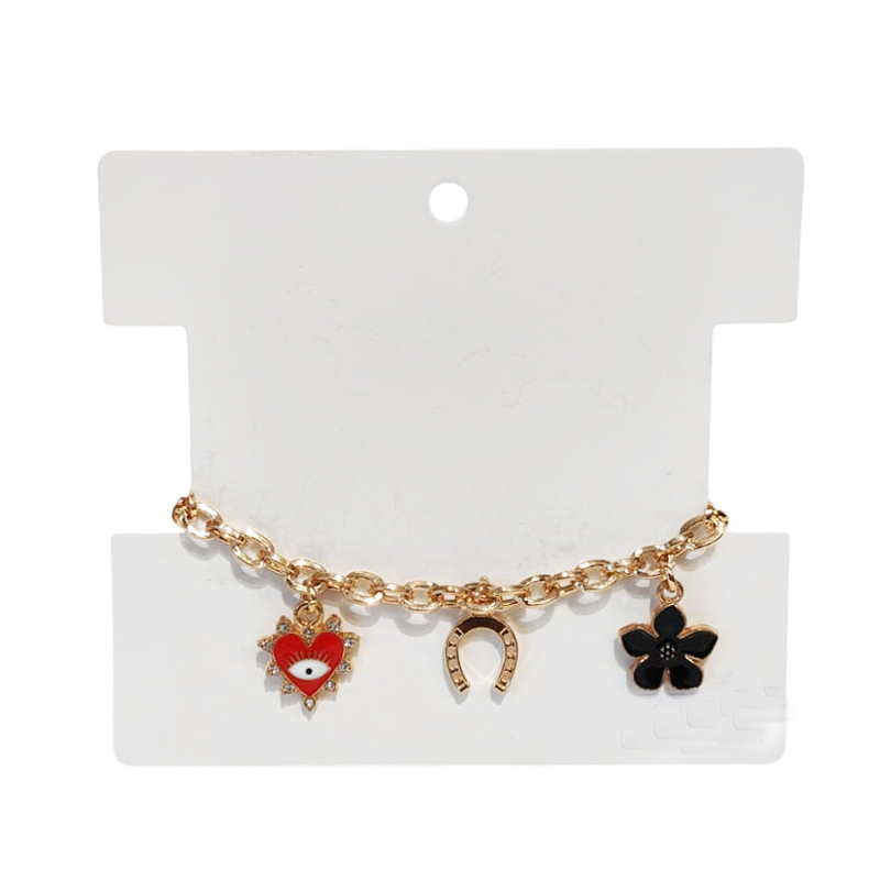 Pulsera Trendy Dorada con Corazon Rojo y Dijes Varios