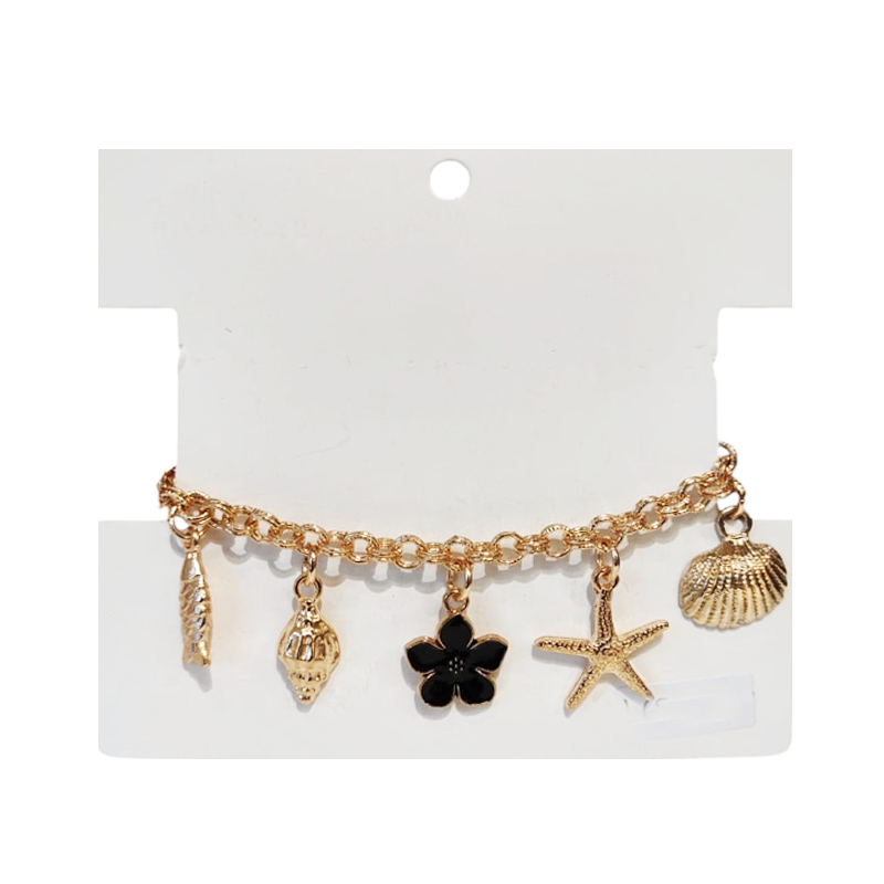 Pulsera Trendy Dorada con Flor Negra y Dijes Varios