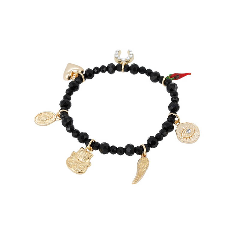 Pulsera Elastica Negra con Cuerno, Gatito y Dijes Varios