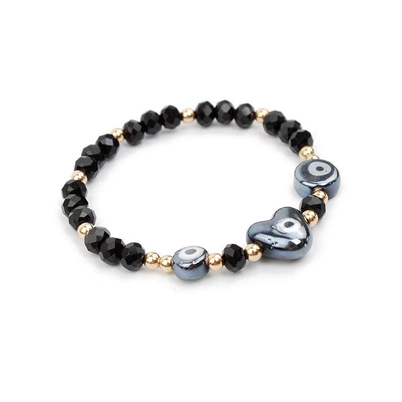 Pulsera Elastica Negra con Corazon y Ojo Turco