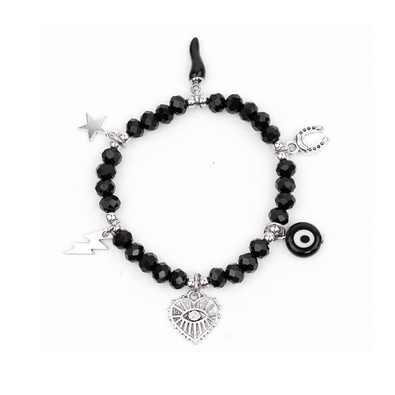 Pulsera Elastica Negra con Ojo Turco, Herradura y Dijes Varios