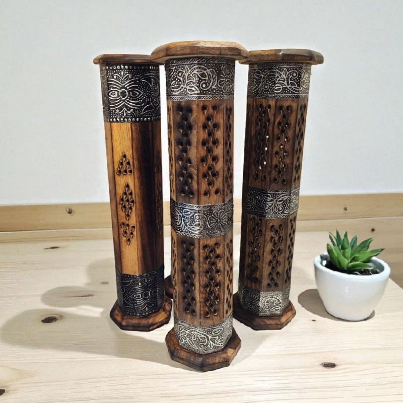 Porta Sahumerio Torre Octogonal con Bandas Metal 31cm