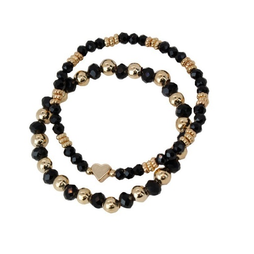 [{78011] Set Pulseras Elasticas Negras con Corazon Dorado