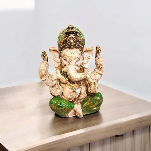 Ganesha Blanca Resina 12cm Manto Verde