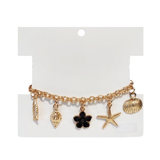 Pulsera Trendy Dorada con Flor Negra y Dijes Varios