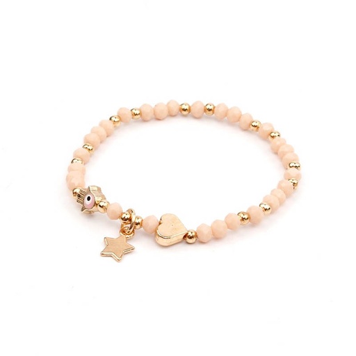 [88979] Pulsera Elastica Beige con Corazon, Mano de Fatima, Ojo Turco y Estrella