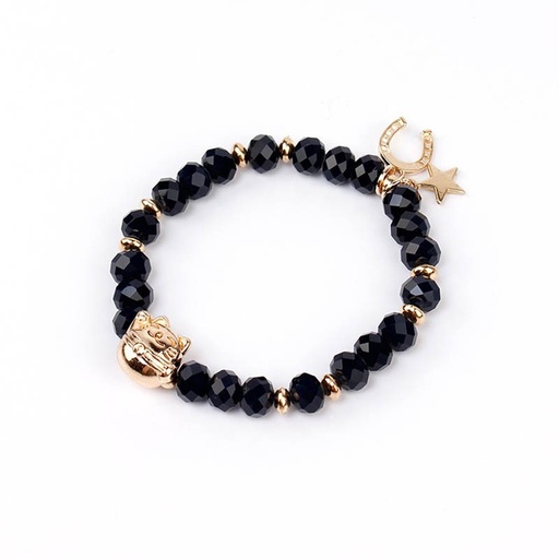 Pulsera Elastica Negra con Gato, Herradura y Estrella Dorada