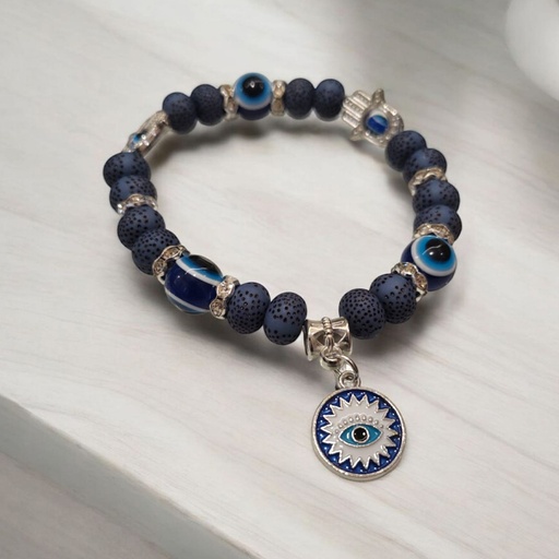 Pulsera Elastica Azul con Ojo Turco y Mano de Fatima