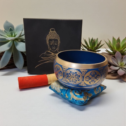 Cuenco Tibetano 11cm Celeste con Zafu, Baqueta y Caja Buda